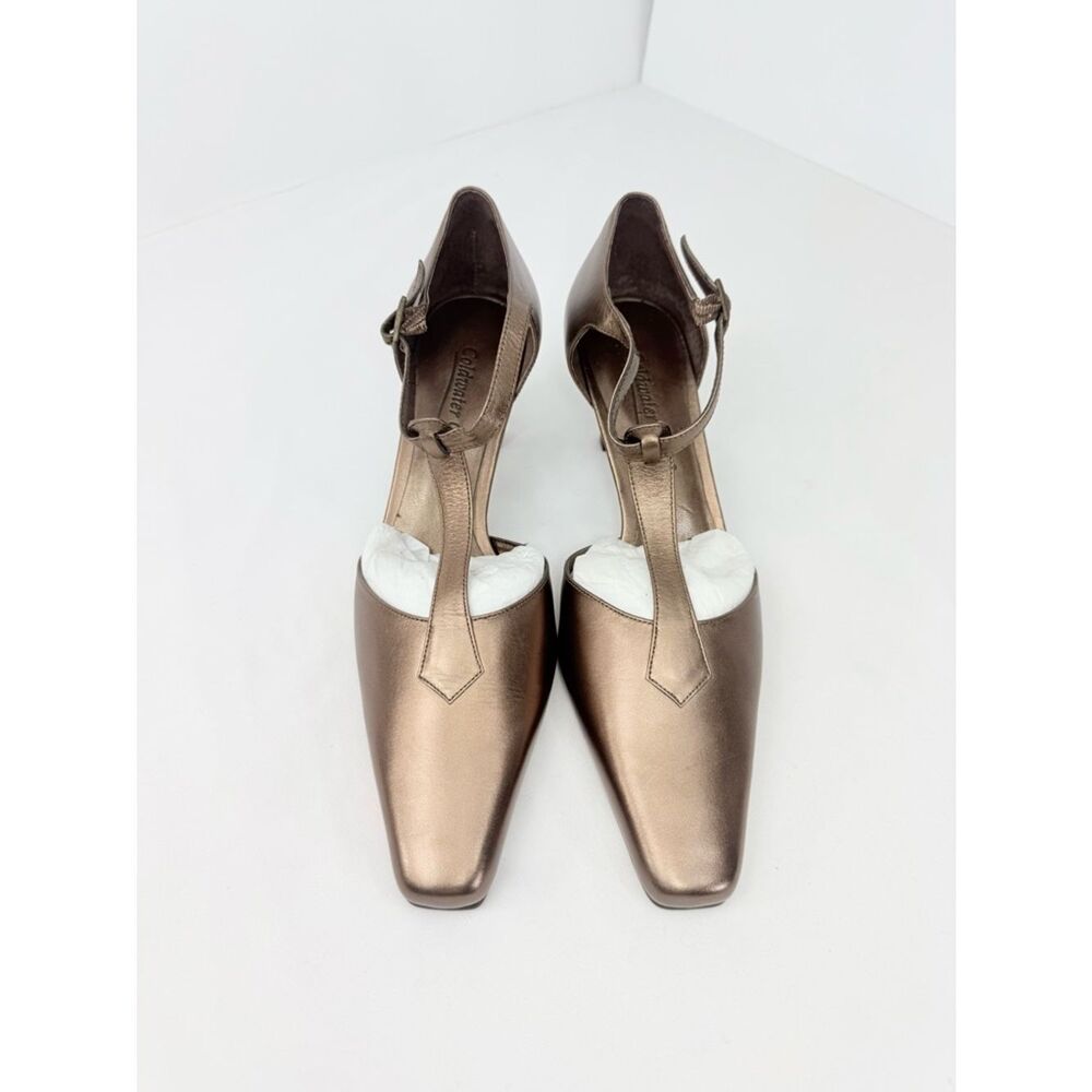Coldwater Creek Bronze Metallic T Strap Pointed Square Toe Kitten Heel Pumps NEW - Picture 4 of 16